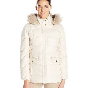 Larry Levine down medium cream puffer winter jacket coat flap pockets